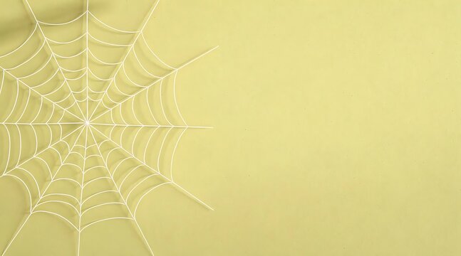 Intricate white spiderweb rests on the corner of a solid light olive green surface, leaving generous negative copy space across the frame.