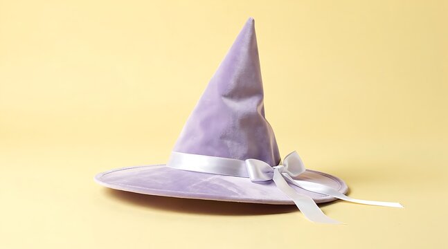 A soft, lavender-colored witch's hat with a silver ribbon and bow sits on a pale yellow background, suggesting magic and mystique.