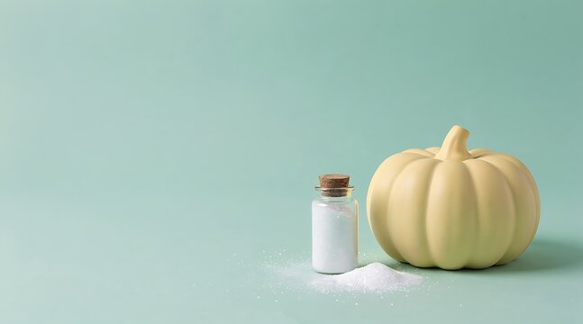 Delicate white powder spills from a small glass bottle, resting beside a charming pale decorative pumpkin on a soft pastel mint green background in a clean, minimalist setup.