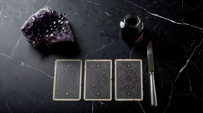 A mystical arrangement of three tarot cards, a vibrant amethyst crystal, an inkwell, and a gleaming knife rests on a sleek dark surface, evoking a sense of ancient divination and esoteric practice.