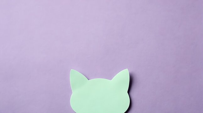 Mint green paper cut-out of a charming cat head rests against a gentle purple background, offering a serene and clean aesthetic with ample copy space.