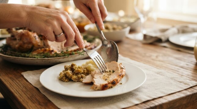 Woman serving roasted turkey and stuffing on a plate for Thanksgiving dinner celebration
