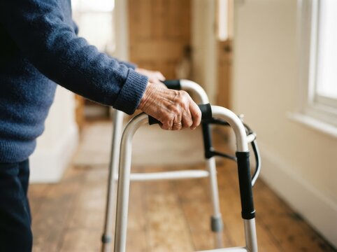 Elderly senior woman using a mobility walking frame at home for independence, healthcare, and support in old age