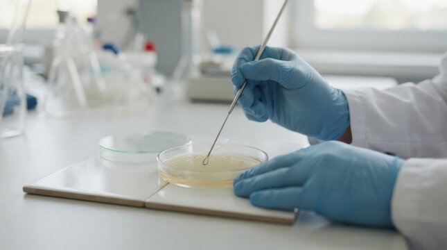 Scientist in lab coat using inoculation loop on Petri dish for microbiology research in laboratory