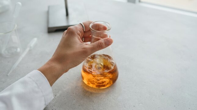 Young Caucasian female scientist swirling an Erlenmeyer flask with amber liquid in a bright chemistry laboratory