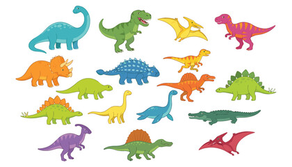 Cute dinosaur vector collection featuring cartoon Tyrannosaurus Rex, Triceratops, Stegosaurus, Pterodactyl, Brachiosaurus, Spinosaurus, and prehistoric reptiles set. © Ruma