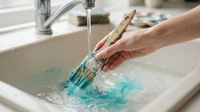 Woman rinsing blue paint off a brush under running tap water in a white kitchen sink for creative art cleanup