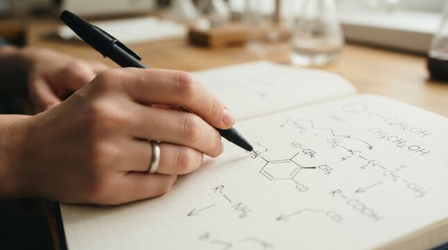 Young female student writing organic chemistry formulas and chemical structures in a notebook
