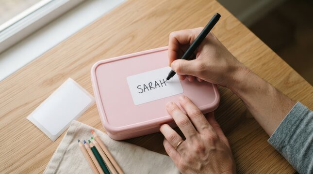 Close up of woman writing name Sarah on label of pink lunch box for school on wooden desk