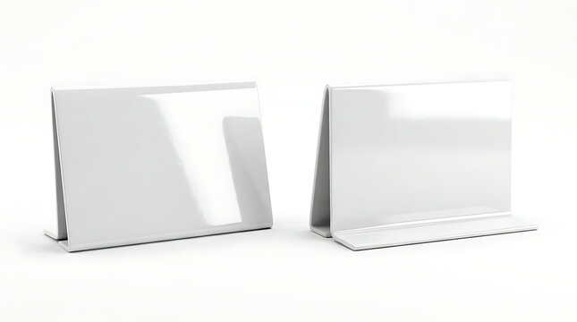 Two Blank White Retail Display Shelf Talkers Set Up Against A White Background Creating A Clean Modern Presentation Space