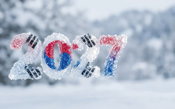 Ice numbers 2027 shaped like South Korean flag for winter new year celebration concept