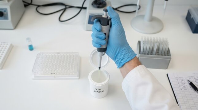 Scientist using micropipette disposing of tip in laboratory waste container for research experiment