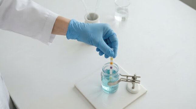 Scientist testing pH levels of blue liquid in a glass jar with a test strip in a laboratory
