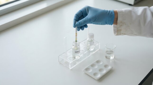 Scientist testing liquid sample with pH strip in a laboratory