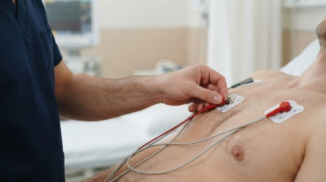 Medical professional connecting ECG electrodes to the chest of a male patient in a clinic