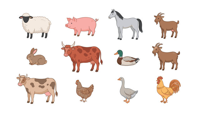 Cute farm animals vector set featuring domestic livestock cow pig horse sheep chicken duck and goat on white background