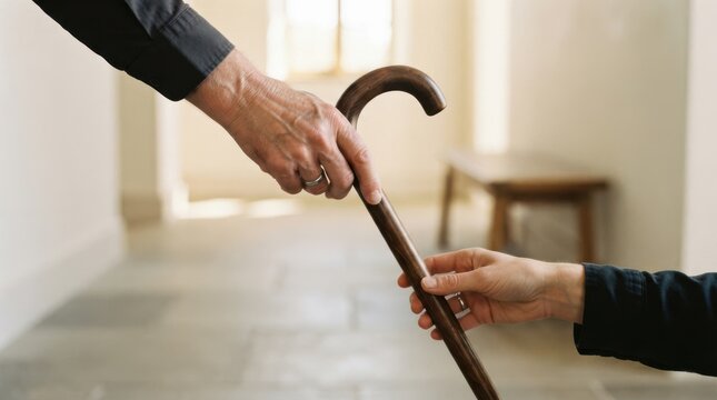 Elderly woman passing a walking cane to a younger caregiver in a bright hallway interior