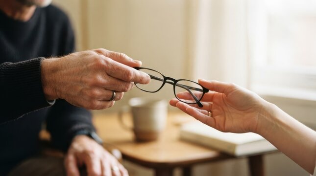 Senior man handing eyeglasses to a woman in living room, caring and assisting family concept