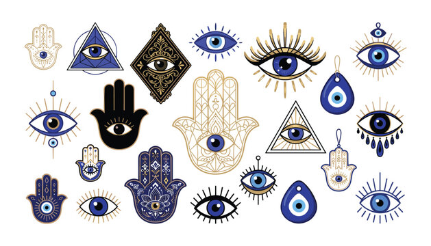 Evil eye and hamsa hand protection symbols vector collection with mystic spiritual icons isolated on white background