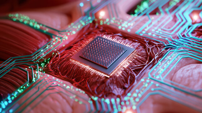 Bionic microchip integrated into organic biological tissue with glowing circuits