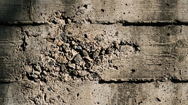 Rough concrete wall with exposed aggregate and wood grain texture