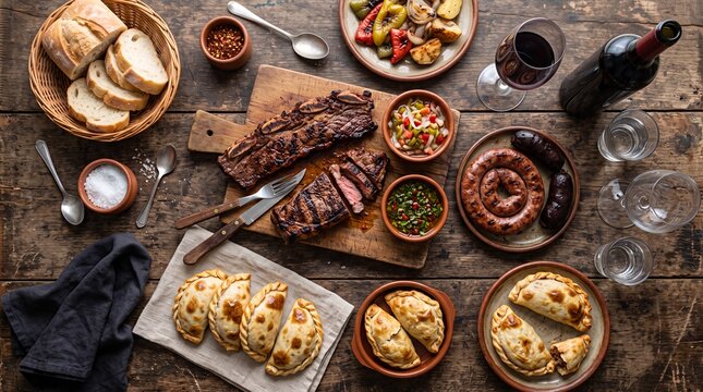 Traditional Argentine Asado Feast with Grilled Meats and Empanadas