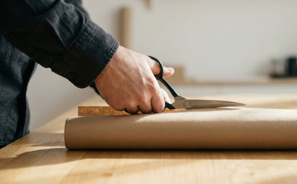 Man cutting craft paper with scissors on a wooden table in a workshop representing DIY and handmade projects