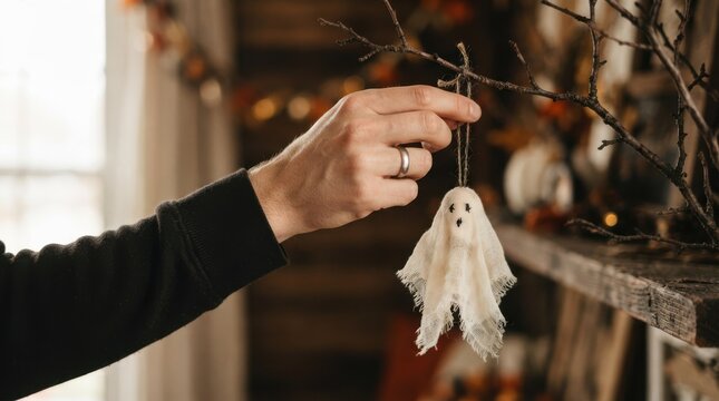 Man hanging handmade fabric ghost ornament on branch for Halloween decor