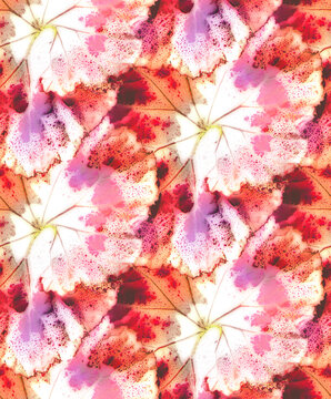 Seamless background, psychedelic begonia leaves in vibrant neon red and purple, featuring luminous veins and intense organic patterns