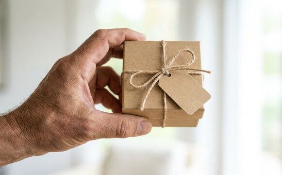 Man holding a small craft gift box with twine string and blank tag, giving a present concept