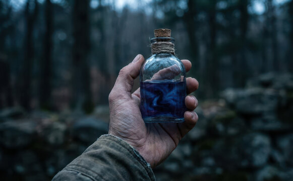 Mysterious magic potion in a glass bottle held by a man hand in a dark forest for fantasy concepts