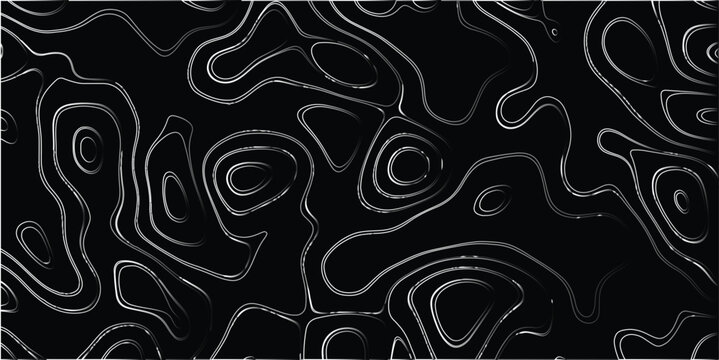 Abstract topographic map pattern with swirling white and silver lines on a black background vector illustration