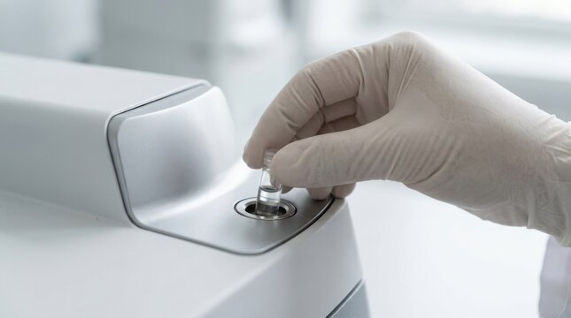 Scientist in lab coat inserting a glass sample vial into a spectrophotometer for chemical analysis and medical testing