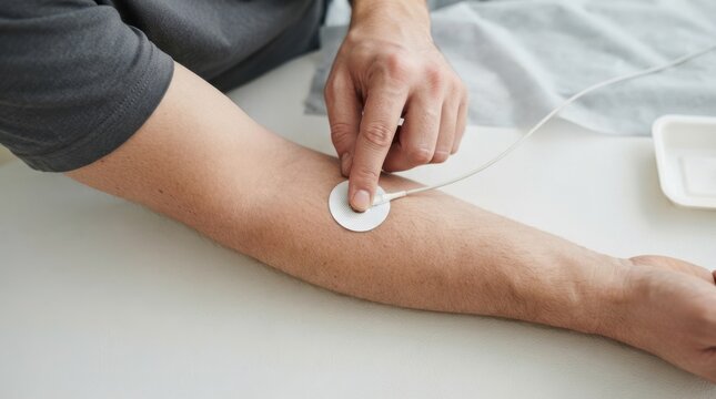 Adult caucasian man placing electrode sensor on his arm for physical therapy or neurological medical examination