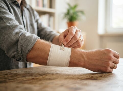 Middle aged man putting a medical bandage on his forearm at home for wound care and injury recovery