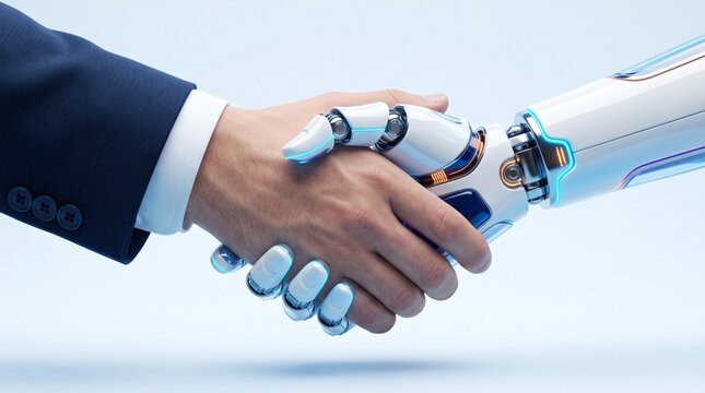 Human and robot handshake, business person shaking bionic mechanical hand in modern office setting. Collaborative automation partnership symbolizes future of workforce technology solutions.