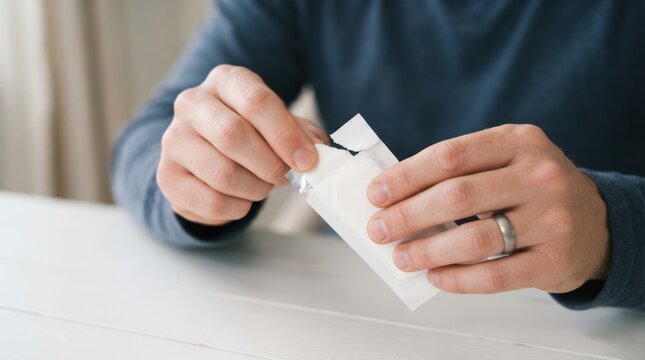 Adult caucasian man opening a nicotine pouch product package at a white table for oral use