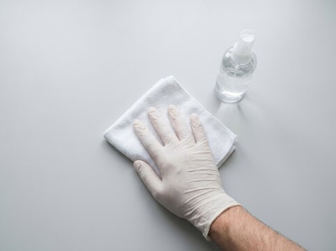 Gloved hand cleaning a grey surface with a white microfiber cloth and a spray bottle for sanitization and hygiene