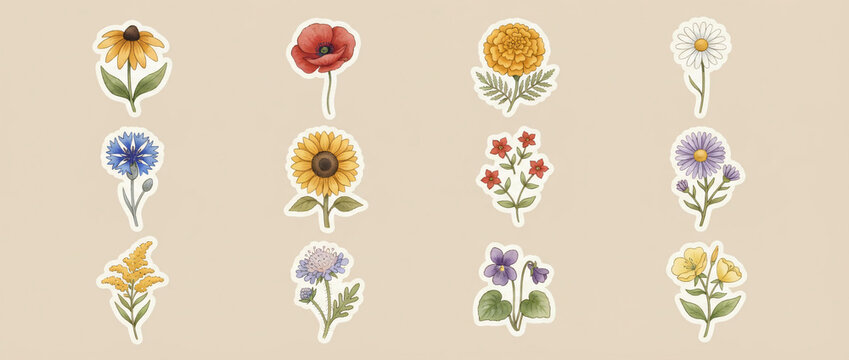 Collection of watercolor wildflower illustrations on a neutral background