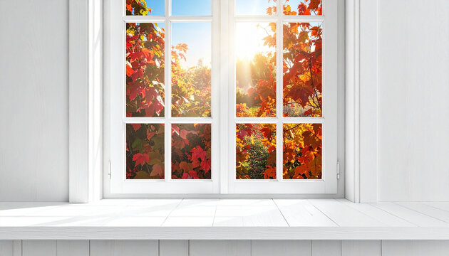 秋の光が差し込む白い窓辺と紅葉に彩られた庭の風景　手前の白い木製カウンターを広く空けて商品や小物を配置できるコピースペースを確保したナチュラルで明るい室内背景素材　季節のキャンペーン告知やオンラインショップのディスプレイ、SNS投稿の背景、ポスター、チラシデザインのベース