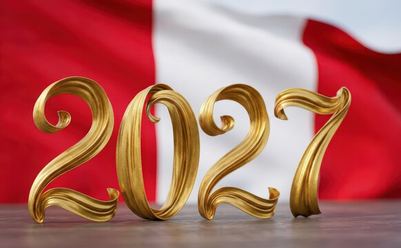Golden 2027 numbers standing in front of the flag of Peru representing future celebration and national pride