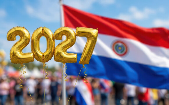 Paraguay 2027 celebration with gold balloons and national flag concept for future events