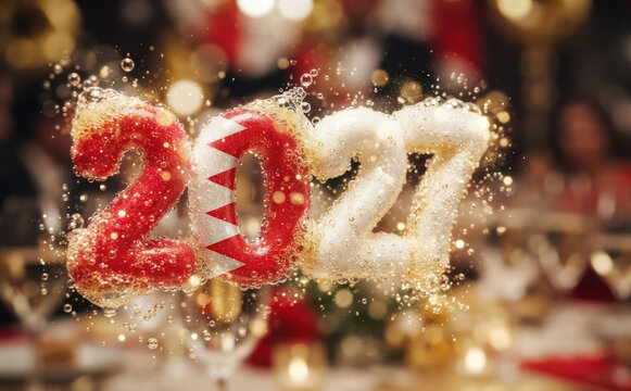 Happy New Year 2027 celebration with Bahrain flag design concept and festive bubbles