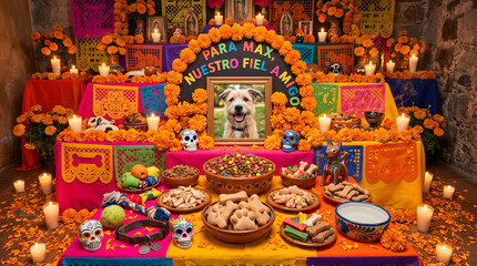Fototapeta premium Day of the Dead altar for pet dog with marigolds and offerings