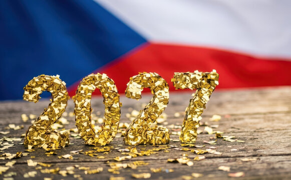 Golden 2027 numbers on a wooden table with Czech Republic flag background for New Year celebration