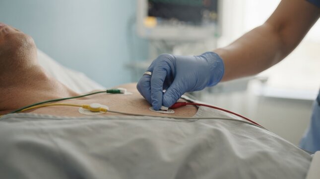 Medical professional attaching ECG electrodes to the chest of an adult male patient in a hospital room