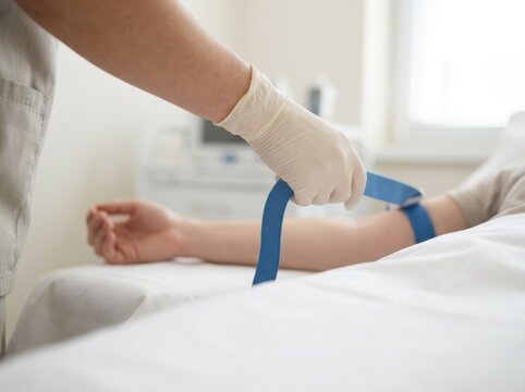 Nurse applying a blue tourniquet on a female patient arm before blood test in a hospital room