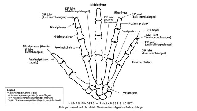 Human Hand Bones Anatomy white background.