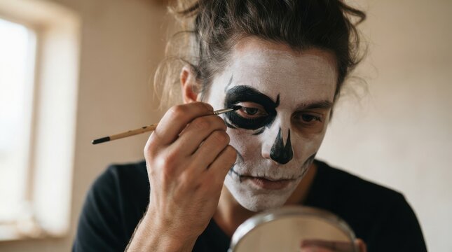 Young man applying skull makeup for Halloween in front of a mirror