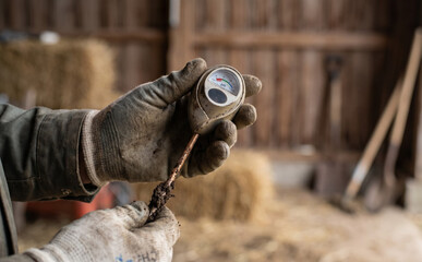 Fototapeta premium A mature male farmer holding a soil tester tool with dirt in a barn for agriculture and farming